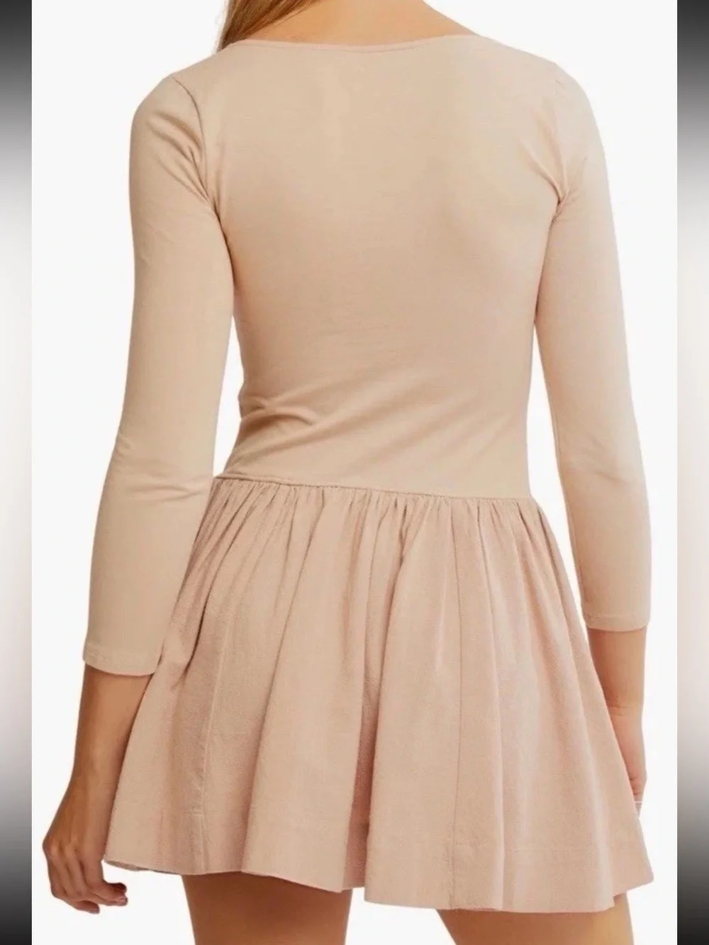 Free People Tan Solid Square Neck Long Sleeve Stretch Knit Mini Dress Small NWT